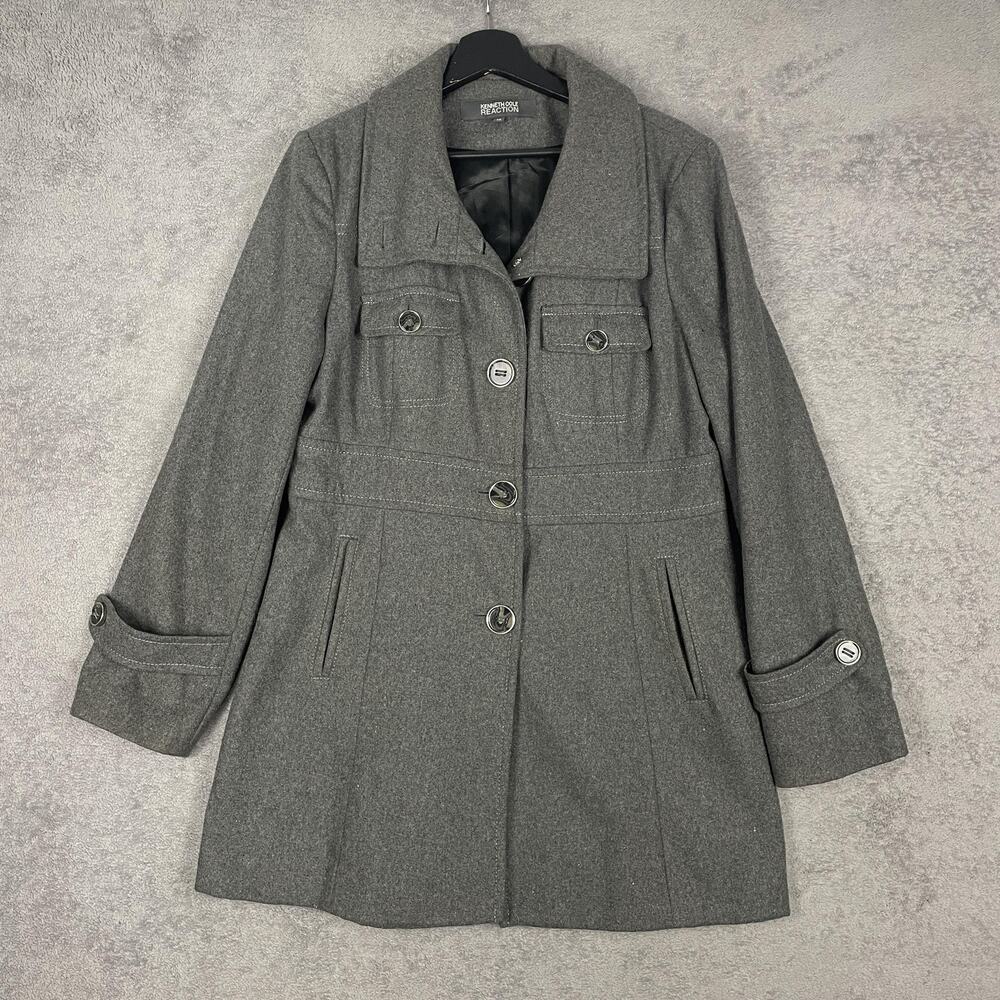 Kenneth Cole Reaction Coat Women 14 Gray Wool Blend Peacoat Lined Classic Modern